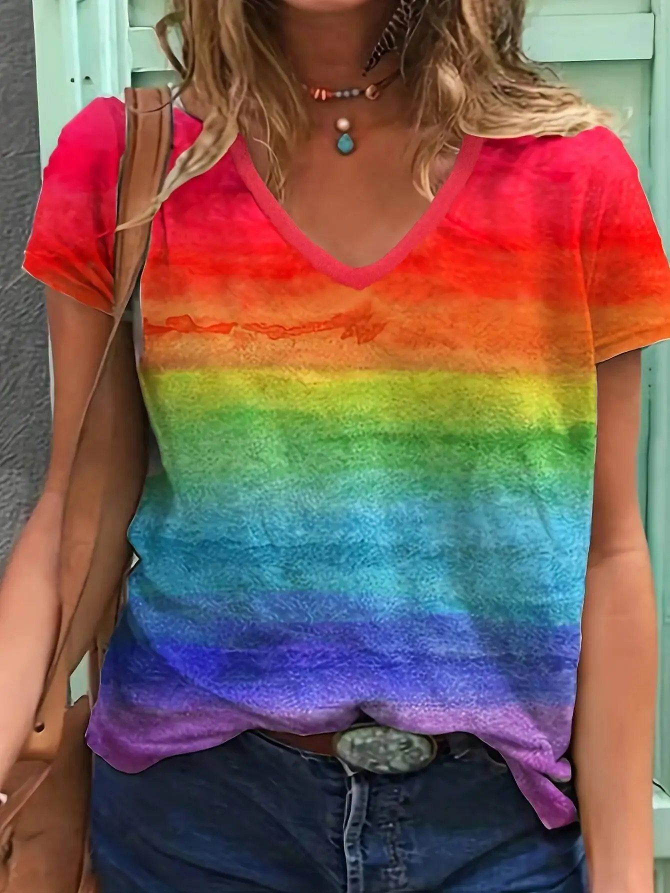 2024 نمط جديد قوس قزح طباعة المرأة القط الجرافيك المتضخم تي شيرت ملابس النساء تصميم حجم كبير الخامس الرقبة المحملة