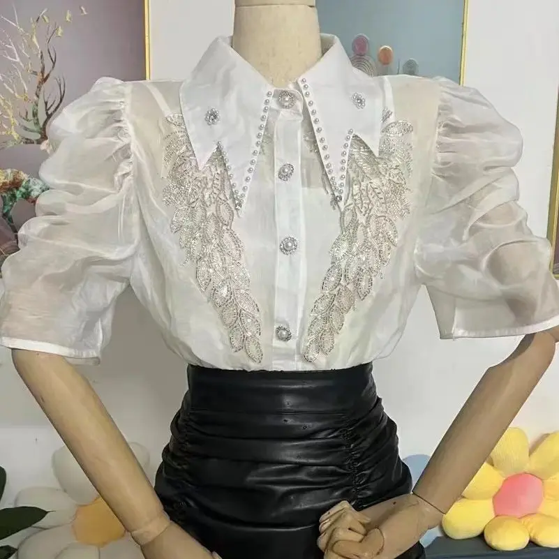 Luxury Embroidery Beads Sequines Short Sleeve Blouses Shirts Women 2024 Summer New In Office Lady Shirt Top Female