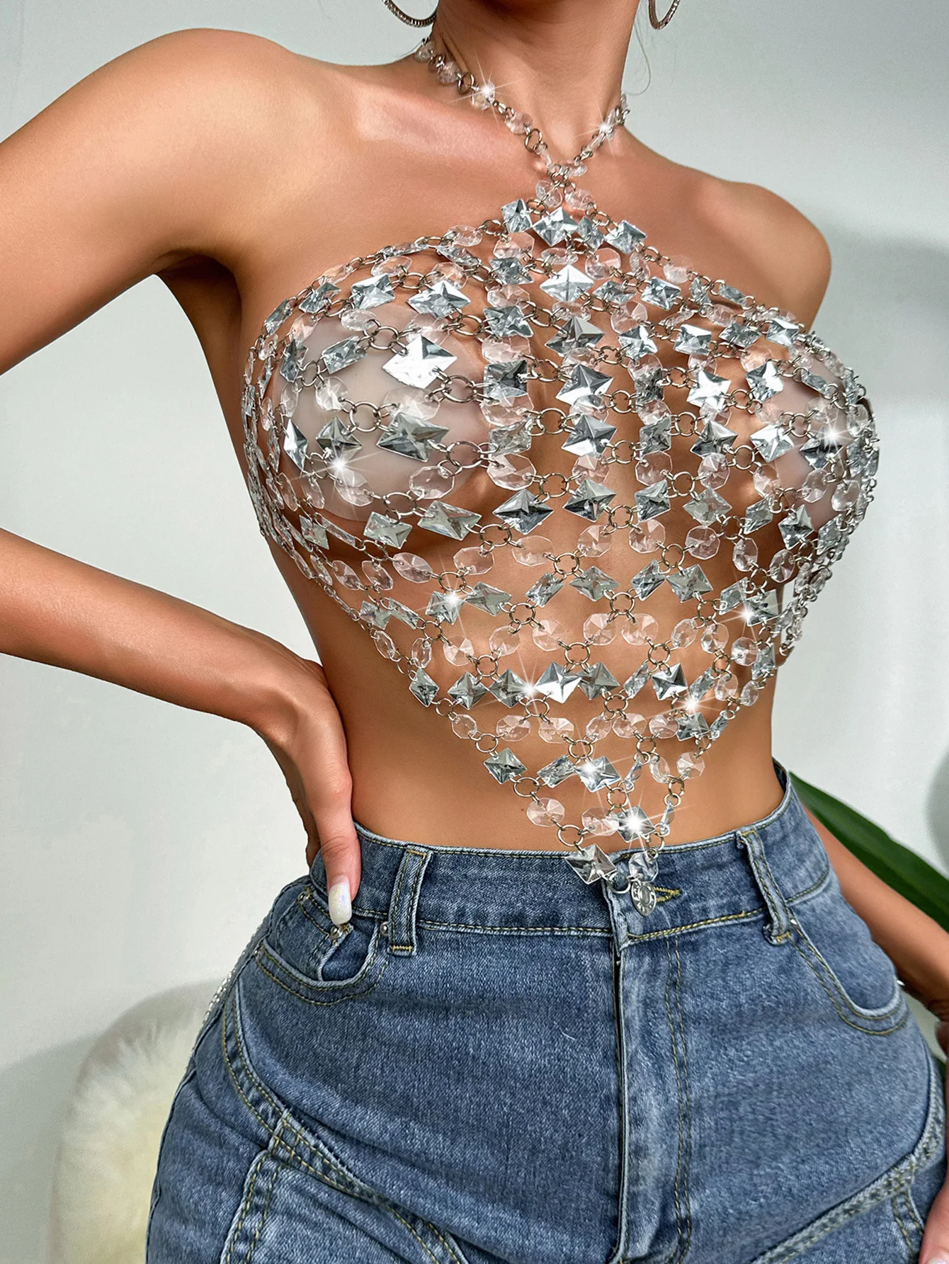 Gilet sexy à coutures en chaîne ornée de bijoux, nouvelle collection 2024