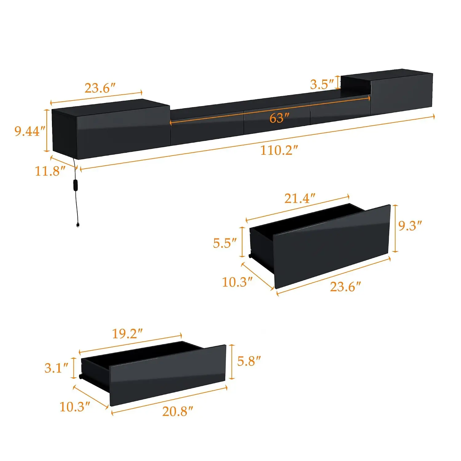 Wall Mounted TV Stand With LED Lights, 101 Inch Media Console With 5 Drawers For Living Room, Black, Customized
