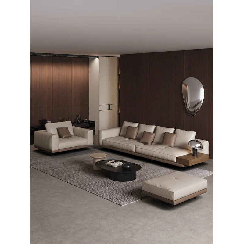 

Simple modern cowhide straight row suspension contact surface wooden sofa Italian minimalist light luxury