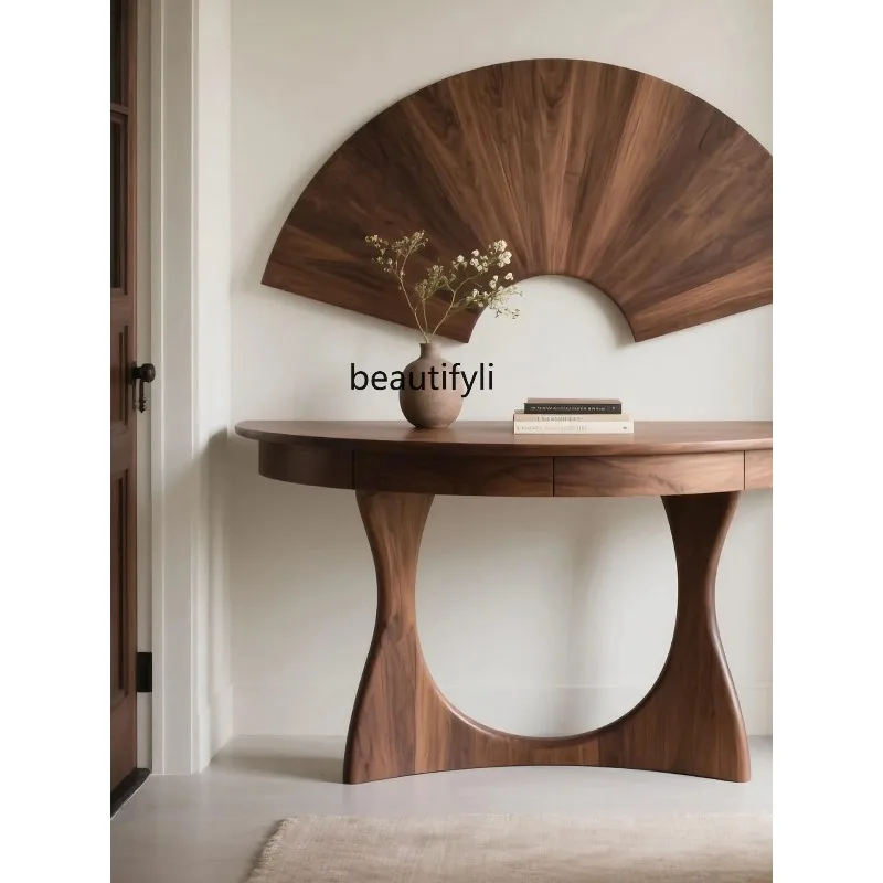 D2520 Новый китайский стиль Североамериканский черный орех Полукруглый стол для прихожей Минималистичный консольный столик Кабина для прихожей из цельного дерева