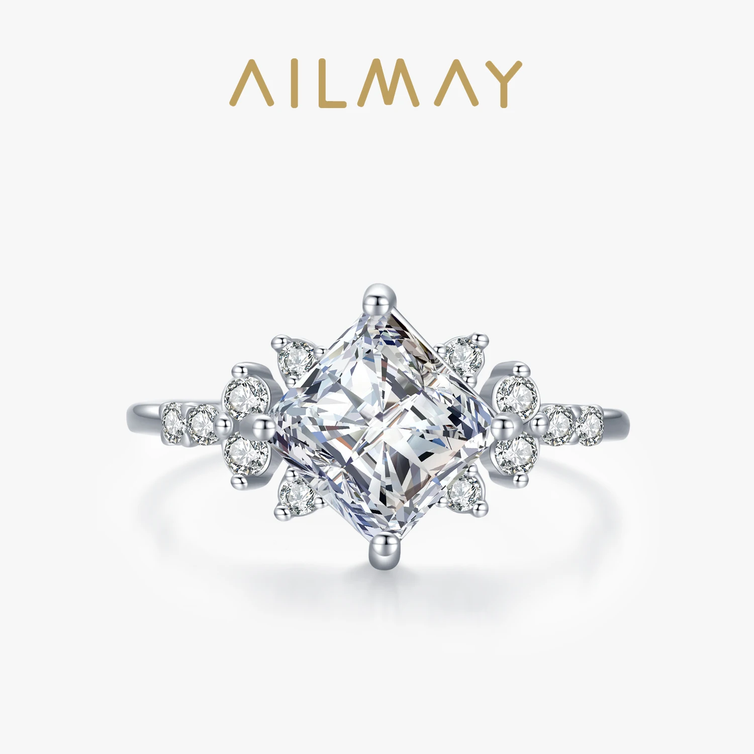 Ailmay Real 925 Sterling Silver Elegant Romantic Princess Square AAAAA Dazzling CZ Rings For Women Luxury Wedding Jewelry Gift