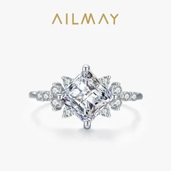 Ailmay Real 925 Sterling Silver Elegant Romantic Princess Square AAAAA Dazzling CZ Rings For Women Luxury Wedding Jewelry Gift