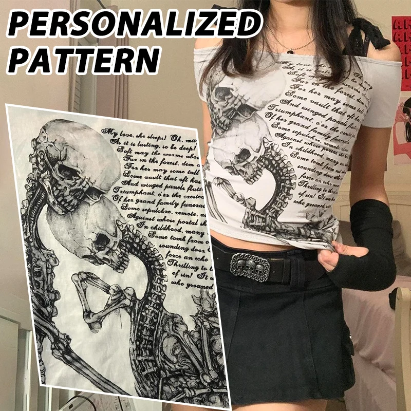 Women clothing arcane Retro stitch Skull Print Short-sleeved T-shirt Female Subculture Y2k Slim Lace-up Top Gothic Shoulder Tees