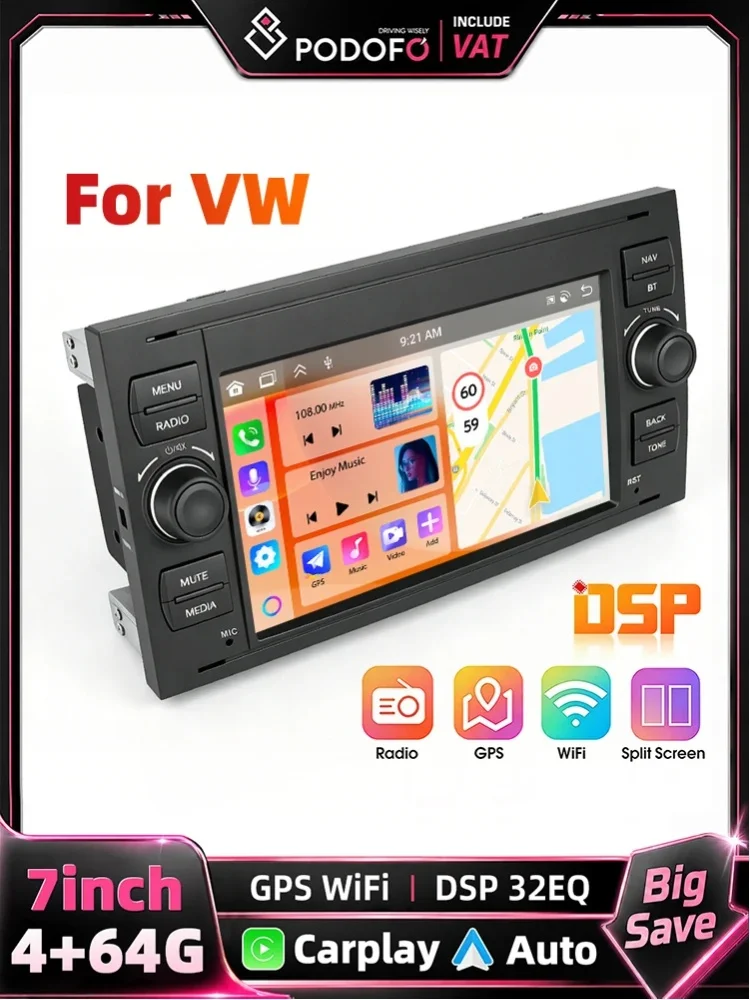 Podofo 4+64G Carplay 7-calowy Android Android Auto Radio GPS Nawigacja Ekran Dotykowy Odtwarzacz Multimedialny do Ford Focus Fiesta Mondeo Kuga C Max Transit Galaxy Fusion — 2