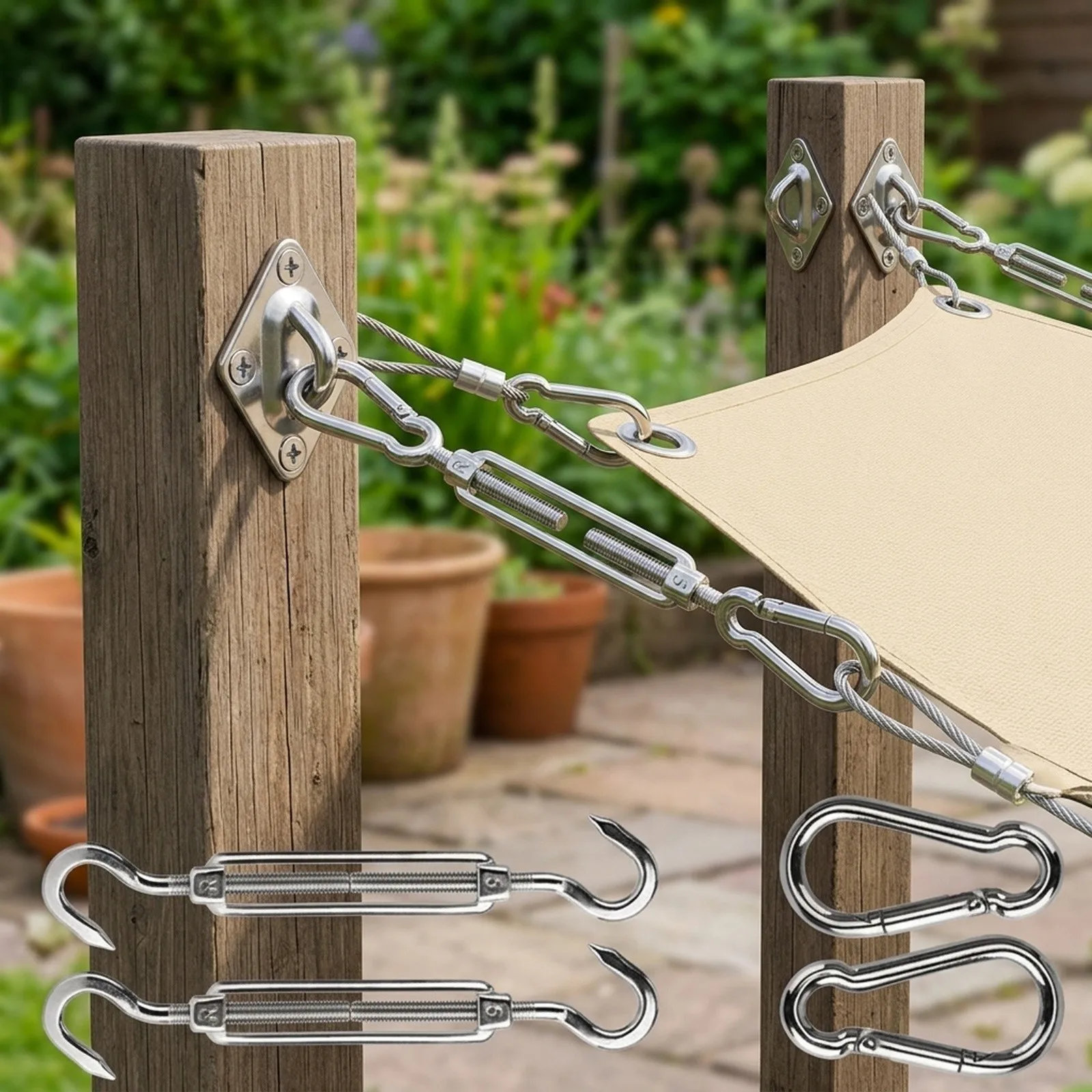 Complete 44 Pcs For Shade for sail Hardware Set Stainless Steel for Triangle and Rectangle Sails with Turnbuckles and Screws