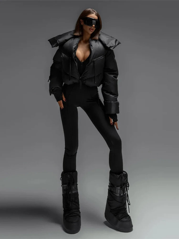 시크한 솔리드 코튼 패딩 크롭 코트 여성 루즈한 배색 따뜻한 긴 소매 지퍼 재킷 2025 패션 가을 겨울 코트 여성용