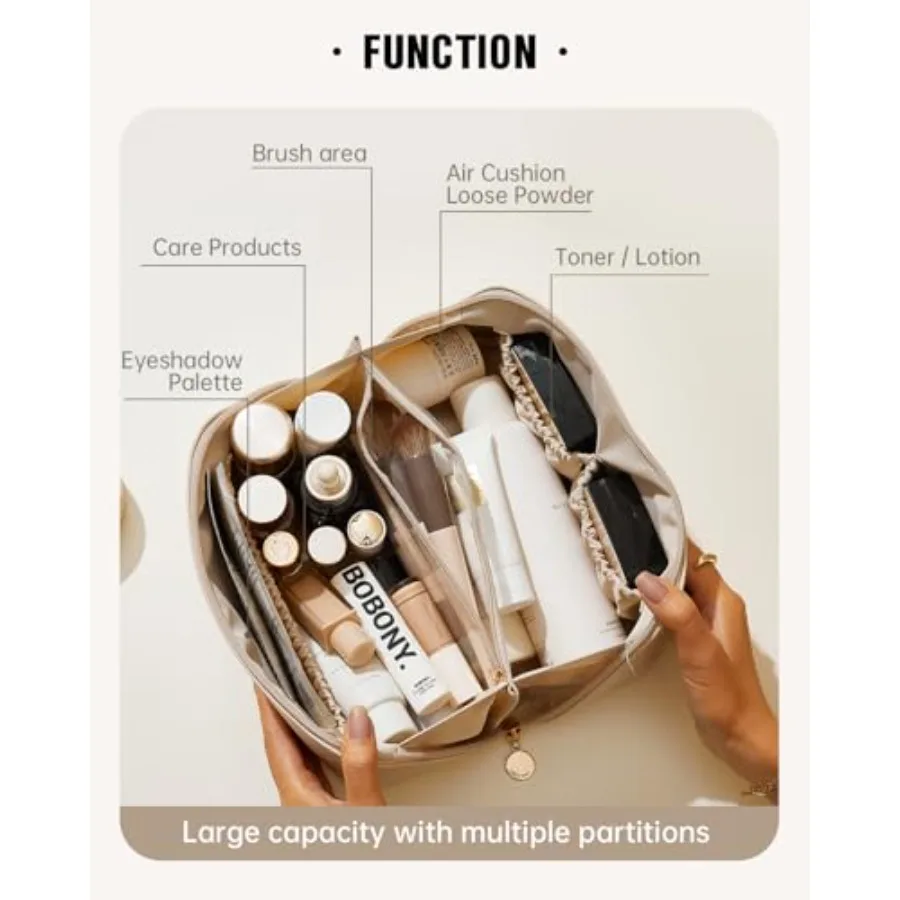 Travel Makeup Bag, Large Capacity Cosmetic Bag for Women, Waterproof PU Leather, Flat Open Portable Toiletry Bag for Skincare,
