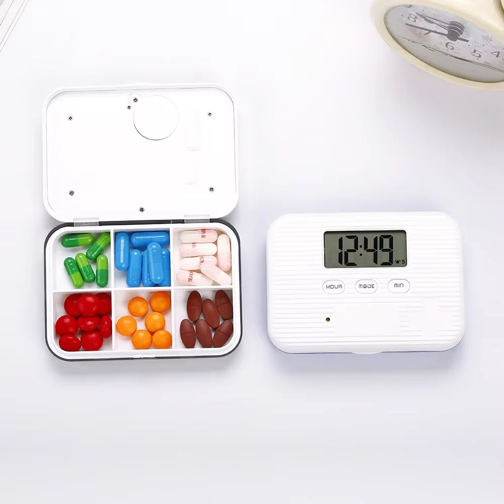 

Portable Smart Pill Box Timed Reminders 6 Compartments Pill Organizer Electronic Reminder Pill Case with Timer 5-Group Alarm
