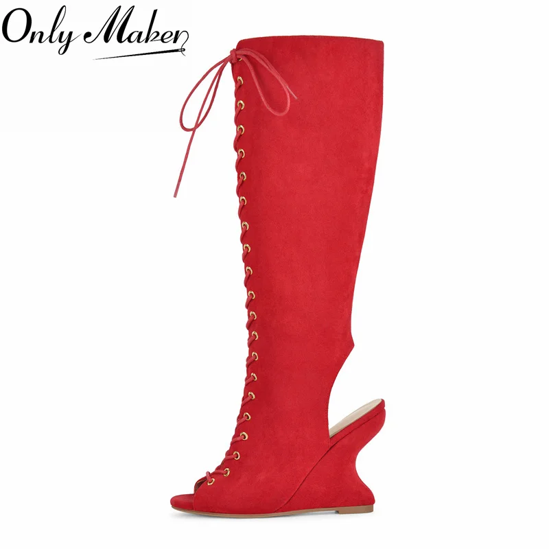 Onlymaker Women Peep Toe Wedge Knee High Sandals Boots Lace Up Slingback High Heels Dress Sandal Boot for Club Party Sandals