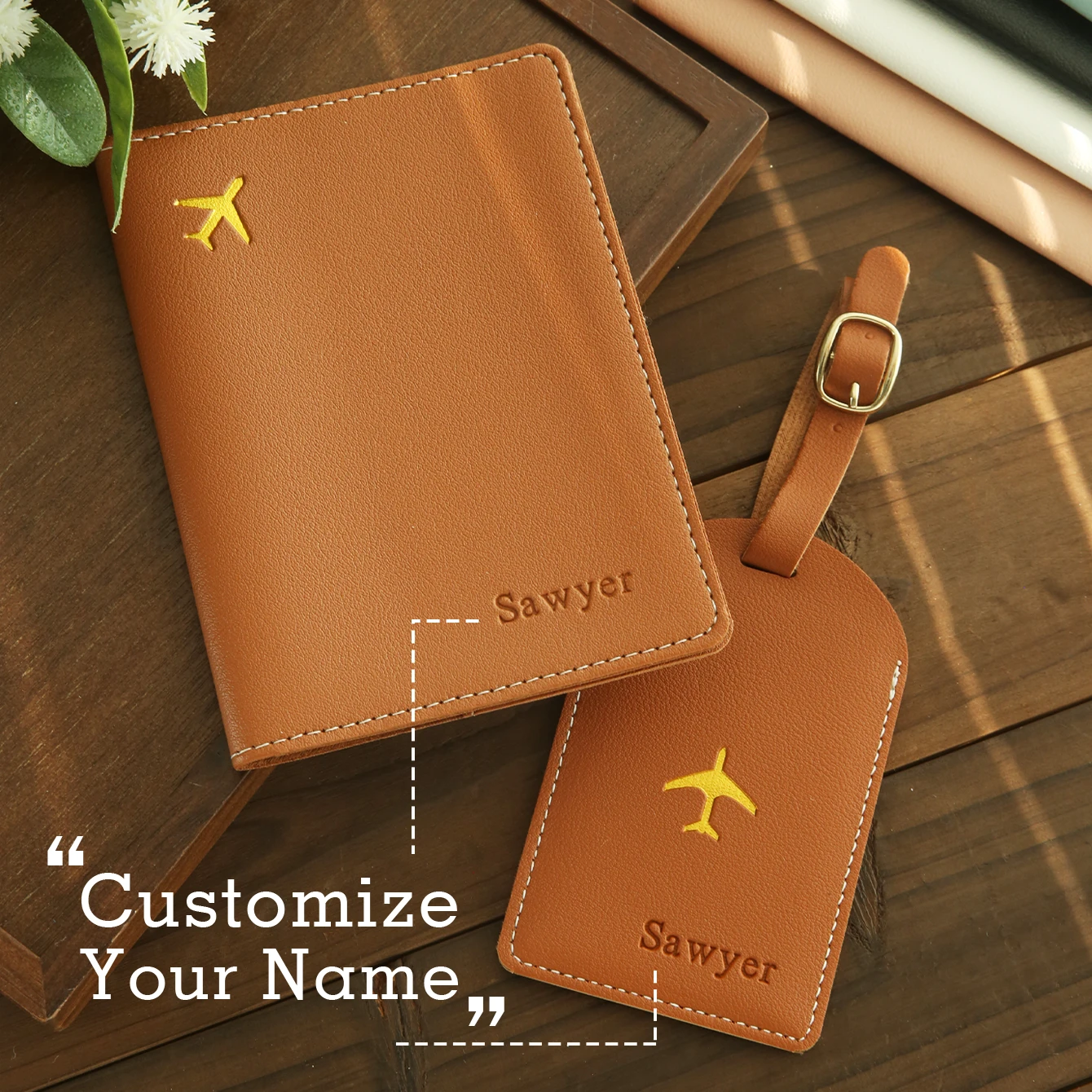 

2PCS Custom Name Passport Holder with Luggage Tag Personalized Leather Passport Cover Luggage Tags Set Customized Travel Gift