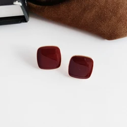 Retro Wine Red Square Stud Earring for Women Korean Simple Geometry Temperament Jewelry Christmas Girlfriend Gift