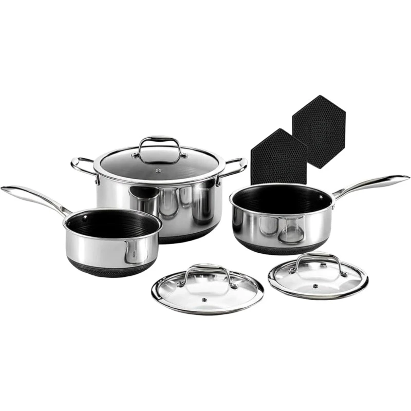 

Hybrid Nonstick 6-Piece Pot Set with Trivets, 2, 3, and 8-Quart Pots with Tempered Glass Lids, 2 Silicone Trivets Included,