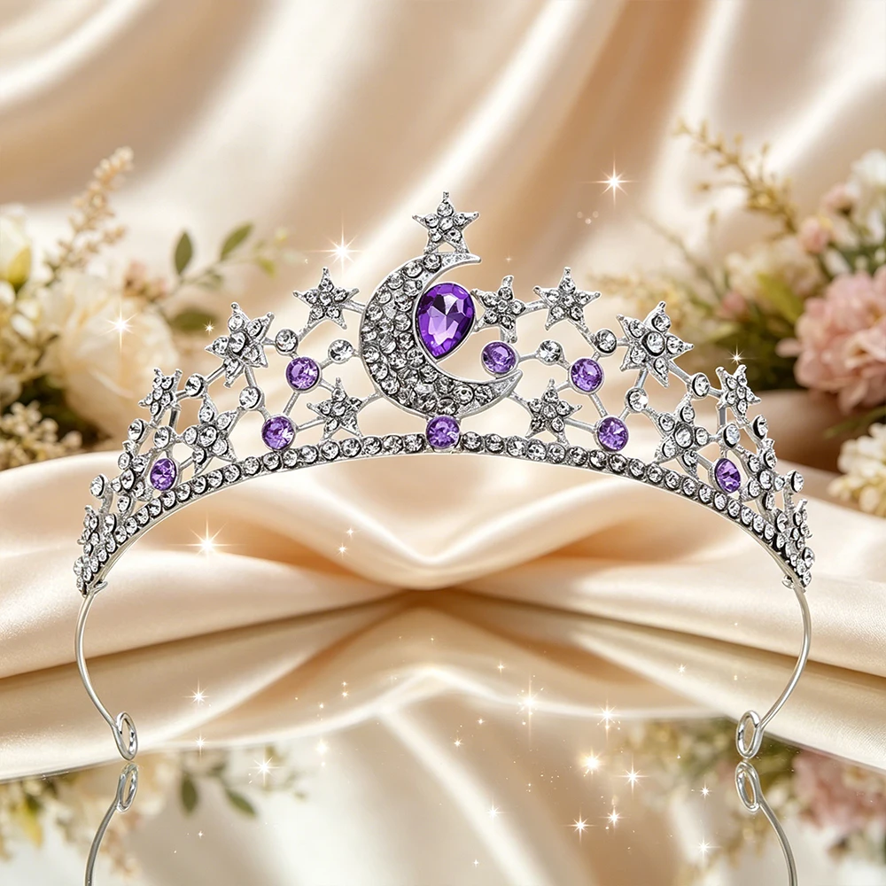 Diadème de mariée étoile lunaire, couronne scintillante en strass, coiffe de rêve pour mariages, concours de beauté et fêtes sur le thème des fées