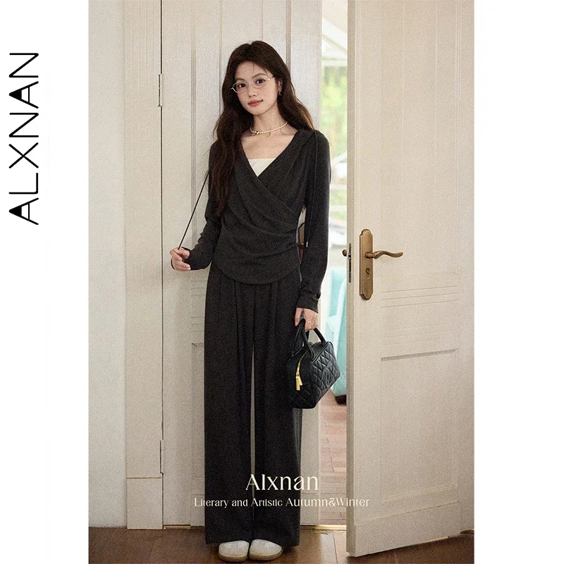 ALXNAN Plue Size T-shirt Women Dark Gray Fake Two-piece Long Sleeve Hooded T-shirt Autumn Casual Elegant Pleated Tees D12603