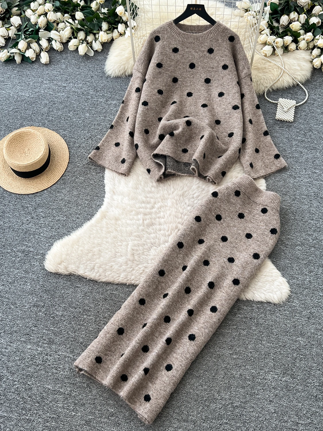 Ladies Knitted Two-Piece Set Loose Long Sleeve Top And Half Skirt Commute Style Autumn Fashion Ensemble Casual Workwear