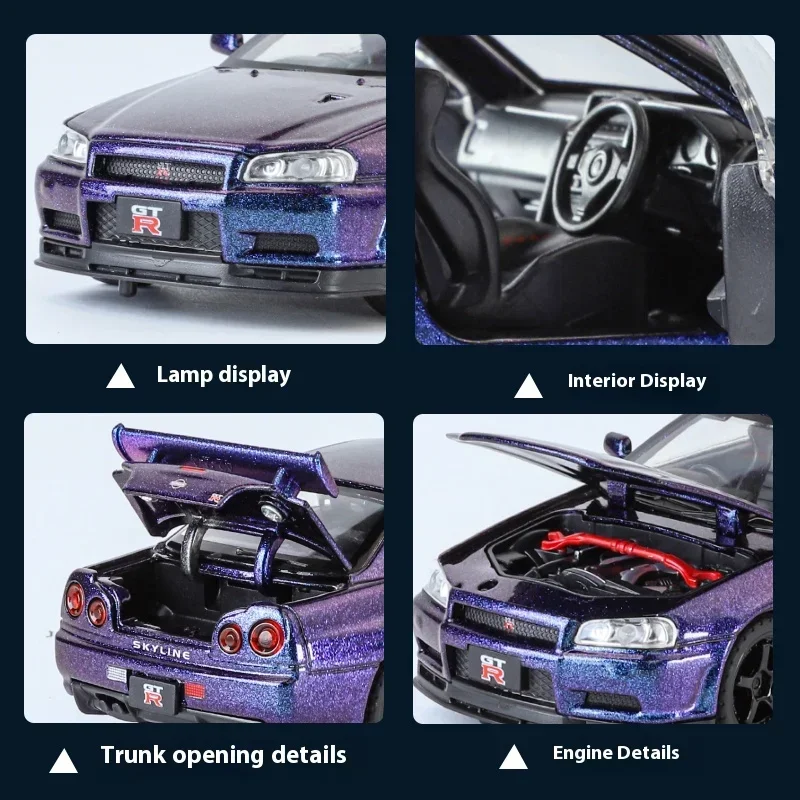 1:32 Nissan GTR R34 Skyline Supercar Alloy Metal Diecast Car Model Toy Racing Car Simulation Sound Light Childrens Gift