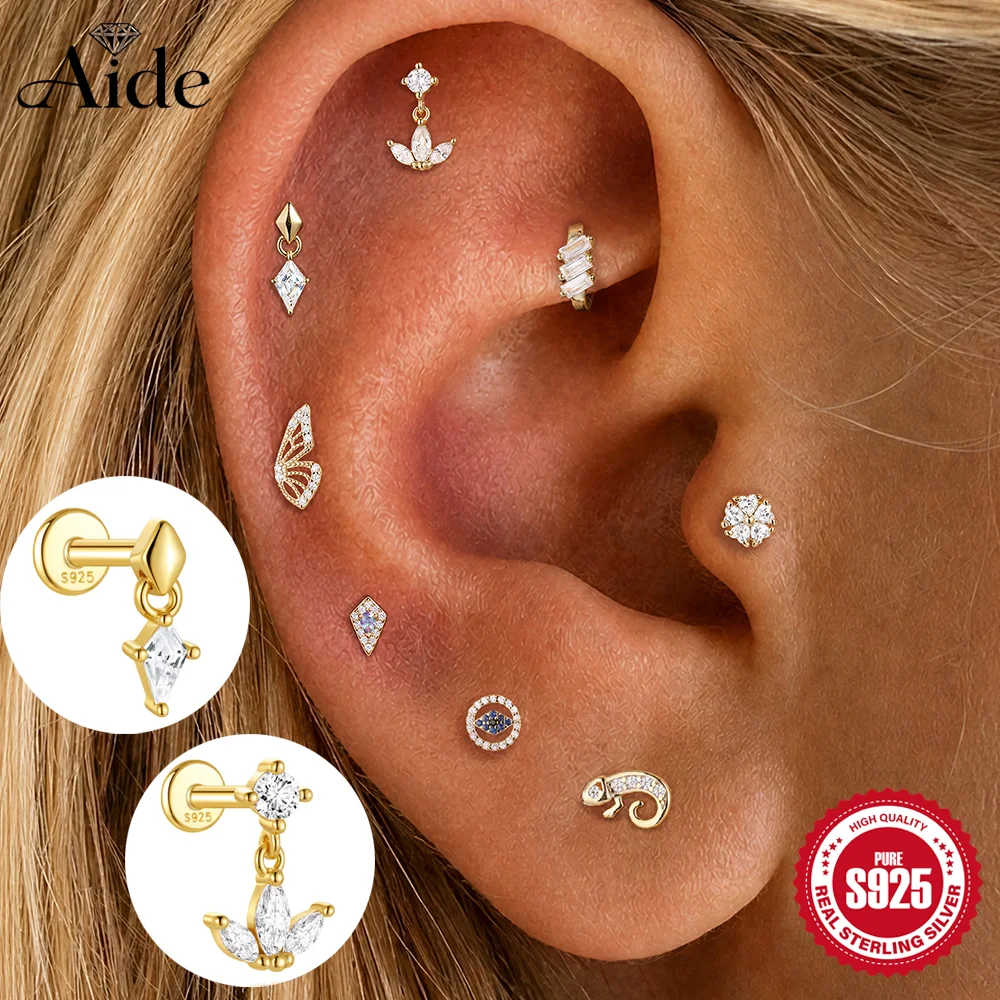 AIDE 925 Sterling Silver Butterfly/Crown CA Zircon For Women Cartilage Helix Kite Stone Piercing Earring Dainty Birthday Gifts