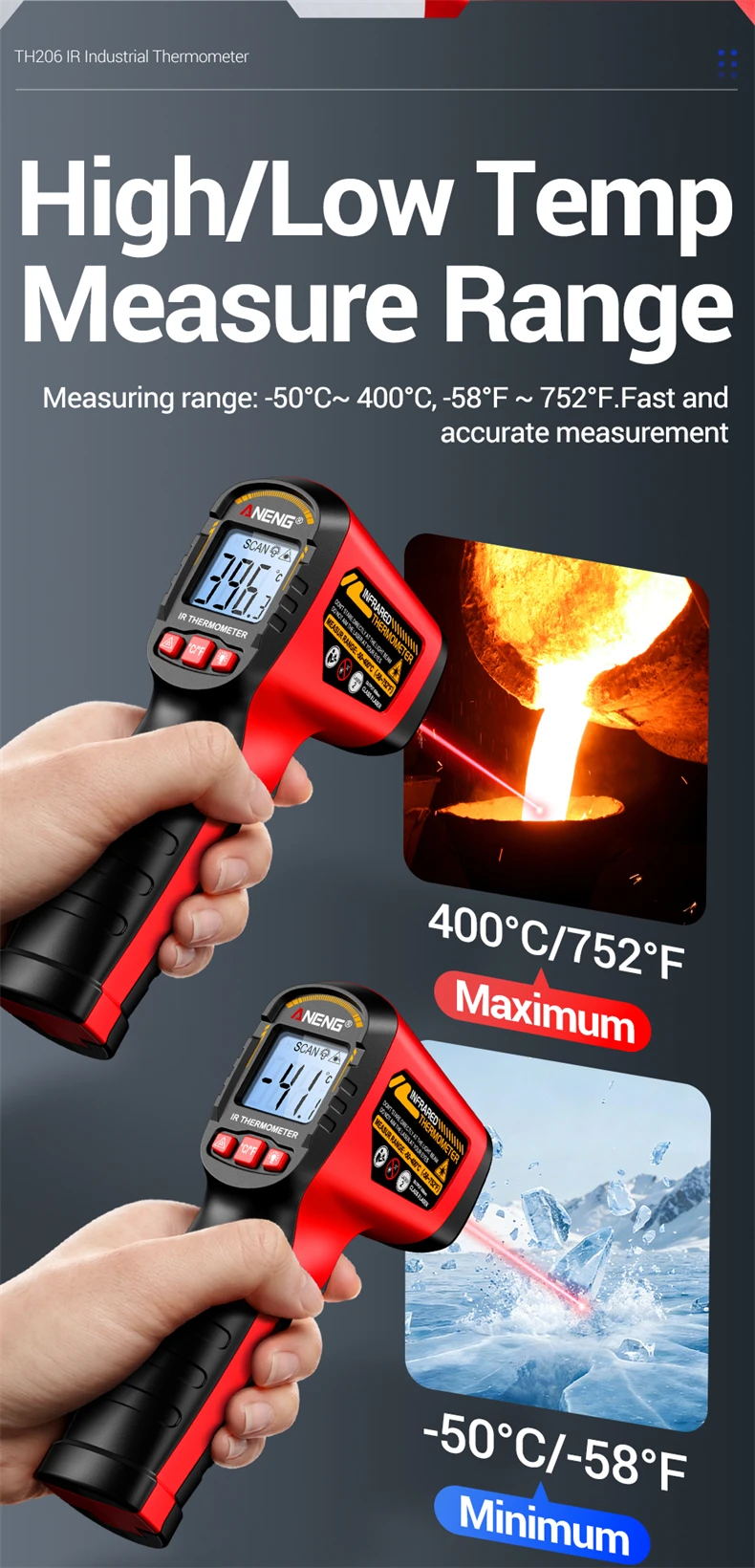 ANENG TH206 Infrarot-Thermometer ‑50 ℃ ‑400 ℃ 12:1 D:S-Verhältnis Laser-Zielung ℃ / ℉ Berührungsloser Temperaturmesser mit Datenhaltefunktion und Hintergrundbeleuchtung – Detail 10