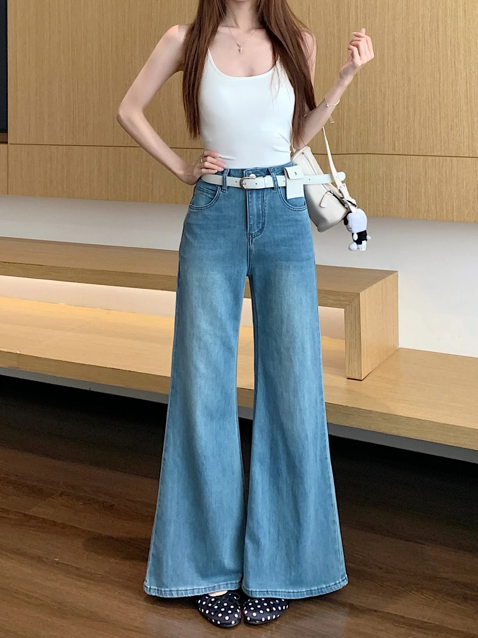 

Retro High Waist Wide Leg Denim Jeans with Embroidered Knots Women's Summer Versatile Micro Flared Floor-Length Pants