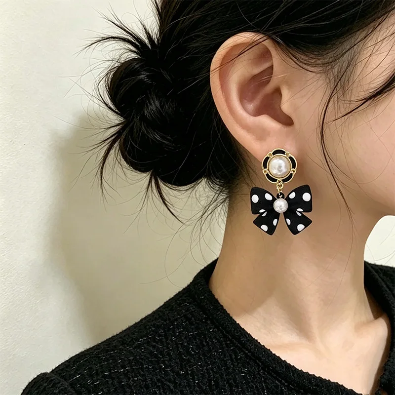 Trendy Pearl Bow Drops Black Polka Design With Pearl Center Charm Sweet Jewelry Gifts For Women Daily Summer Vacation
