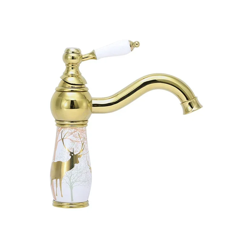 

Basin Mixer Faucet Golden Brass and Ceramic Bathroom Sink Faucet Deck Mounted Water Tap Hot and Cold Mixer Taps Crane Faucets