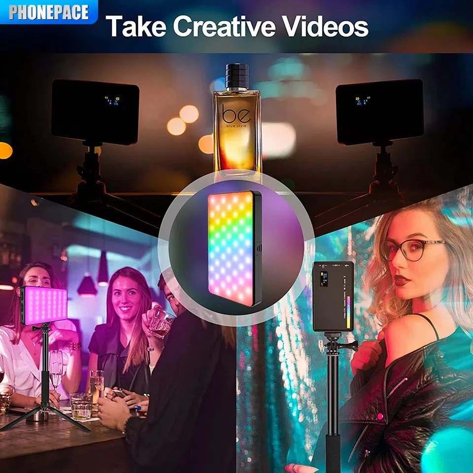 LED RGB Camera Light Full Color Output Video Light Kit Dimmable 2500K-9000K Bi-Color Panel Light CRI 95+ Rechargeable 3300mAh