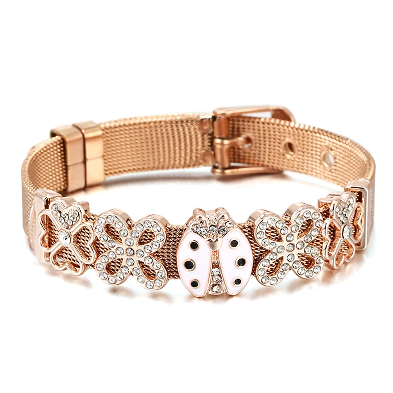 High-Quality sales New Fashion 10mm Crystal Beads Stainless Steel Mesh Bracelets DIY Charm Keeper Bracelets Bangle For Women