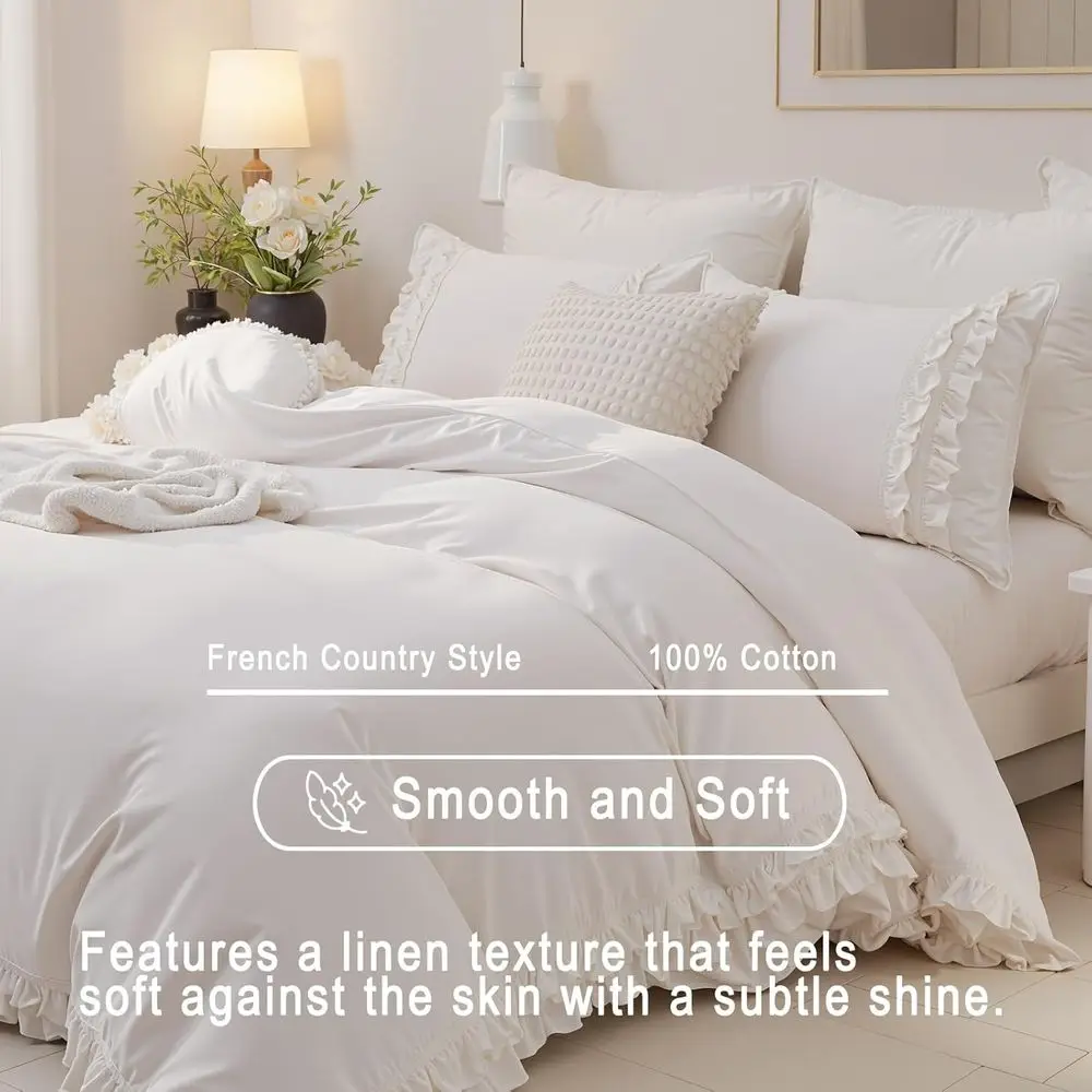 مجموعة غطاء لحاف مكشكش من القطن بحجم كوين - سرير أبيض أنيق على طراز المزرعة مع لحاف لطيف