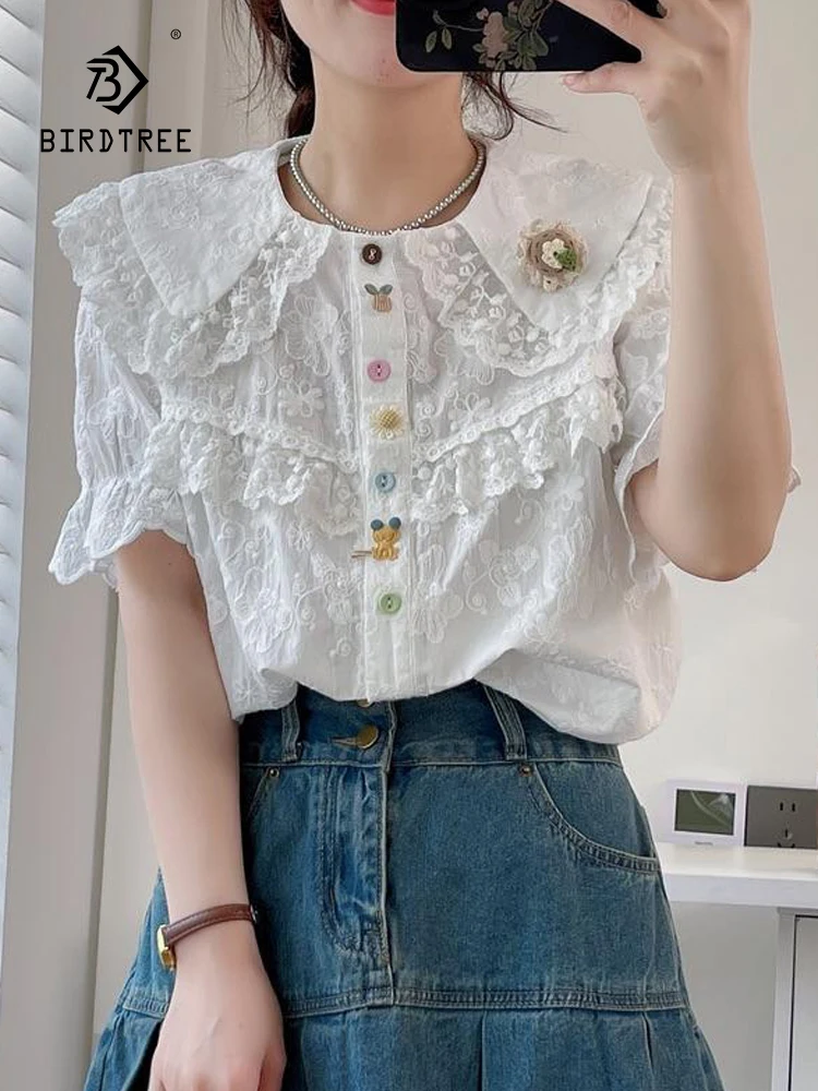 

New Spring Cotton Embroidery Shirt Women Peter Pan Collar Short Sleeve Lace Tops Girl Loose Sweet Blouses 2024 Autumn T44083QC