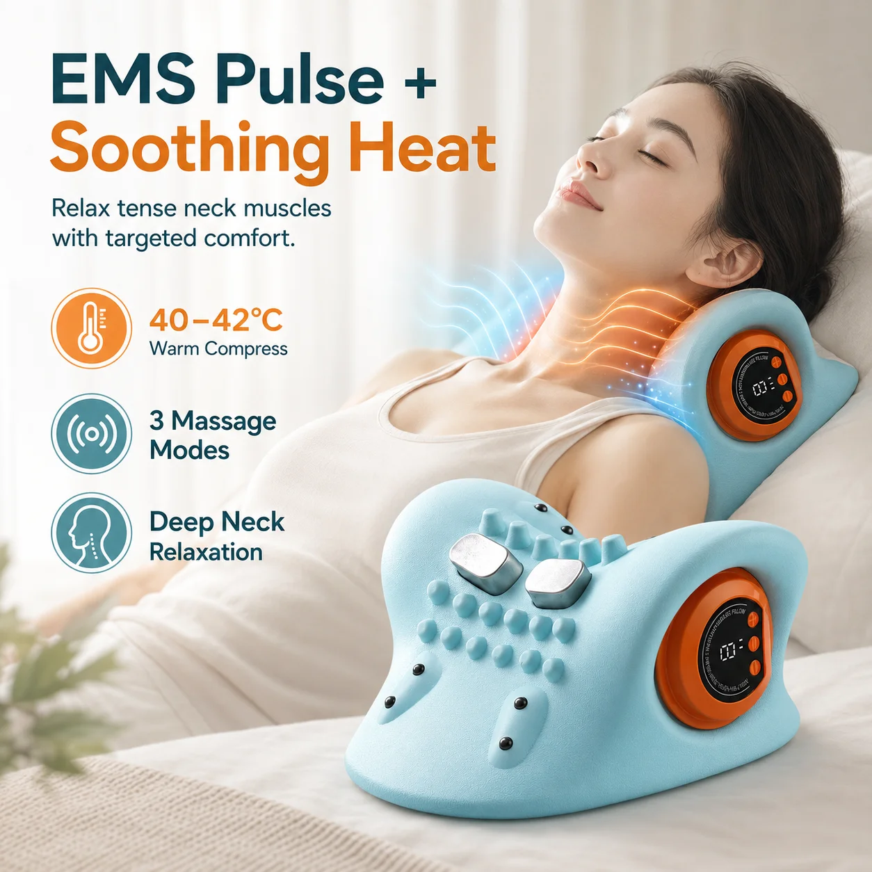 1Pc Neck Massage Pillow, EMS, Vibration Function, Heated Sleep Pillow, Home Head Massager, 3 Intensity Levels, For Home, Office