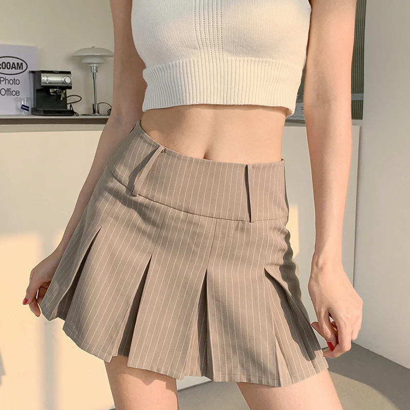 

Summer Khaki Mini Skirt Y2K Aesthetic 2023 Women Korean High Waist Pleated Skirts Harajuku Kawaii Fashion Striped Solid Faldas