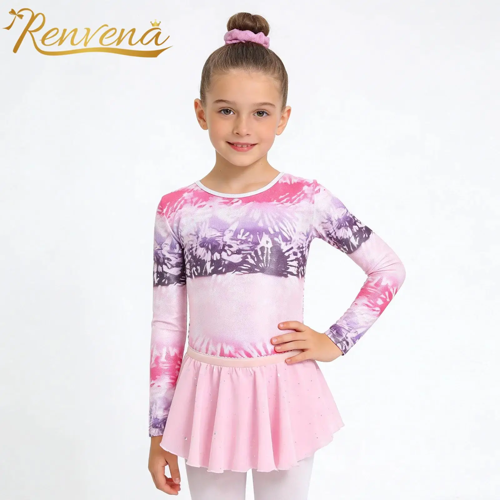 子供フィギュアスケートジャンプスーツ長袖ダンスウェアセット子供プリントバレエ衣装女の子体操レオタードボディスーツ