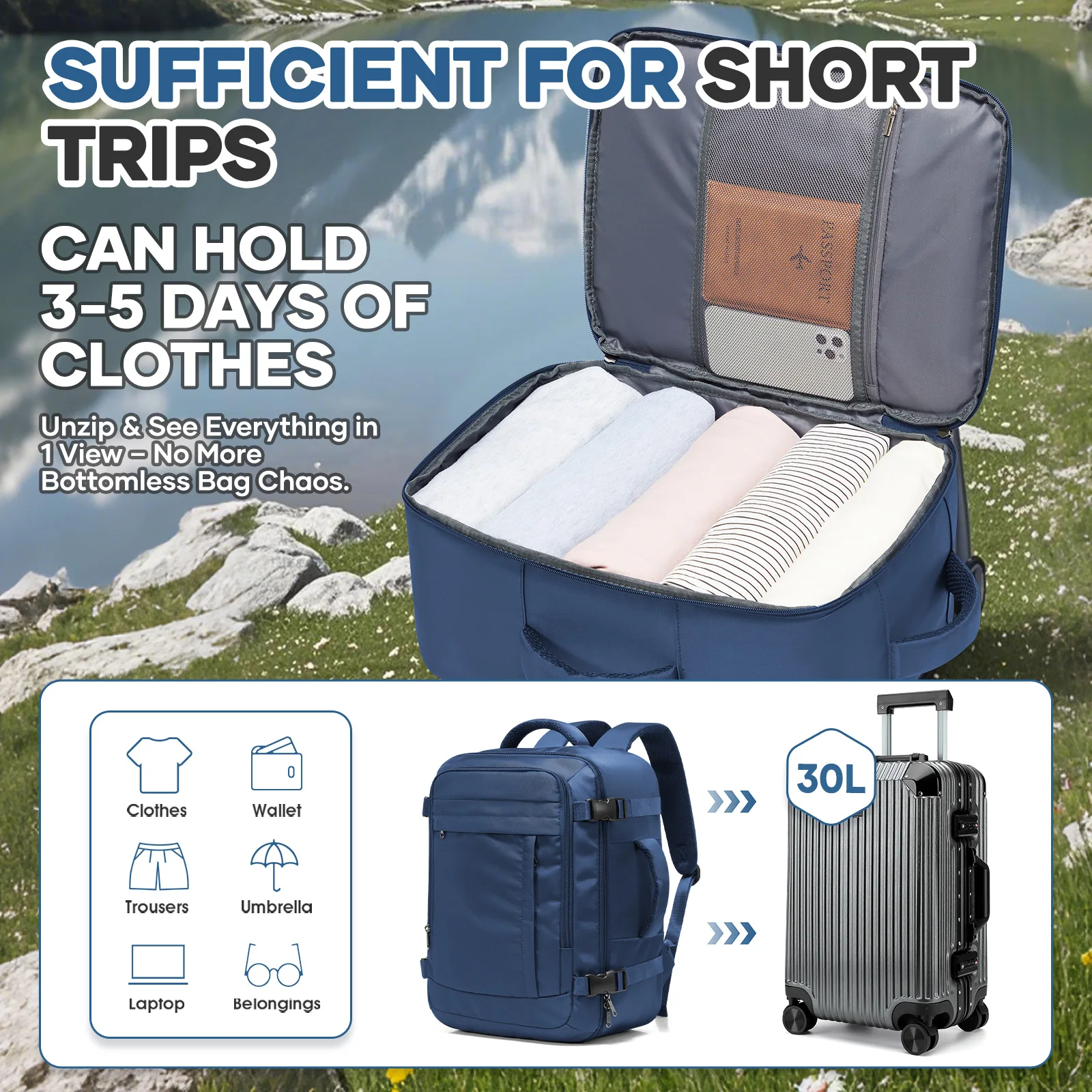 حقائب Ryanair Cabin مقاس 40 × 30 × 20 حقيبة ظهر للسفر تحت المقعد، حقيبة ظهر مريحة للرجال في الهواء الطلق حقيبة ظهر للأعمال حقيبة تخزين للكمبيوتر المحمول