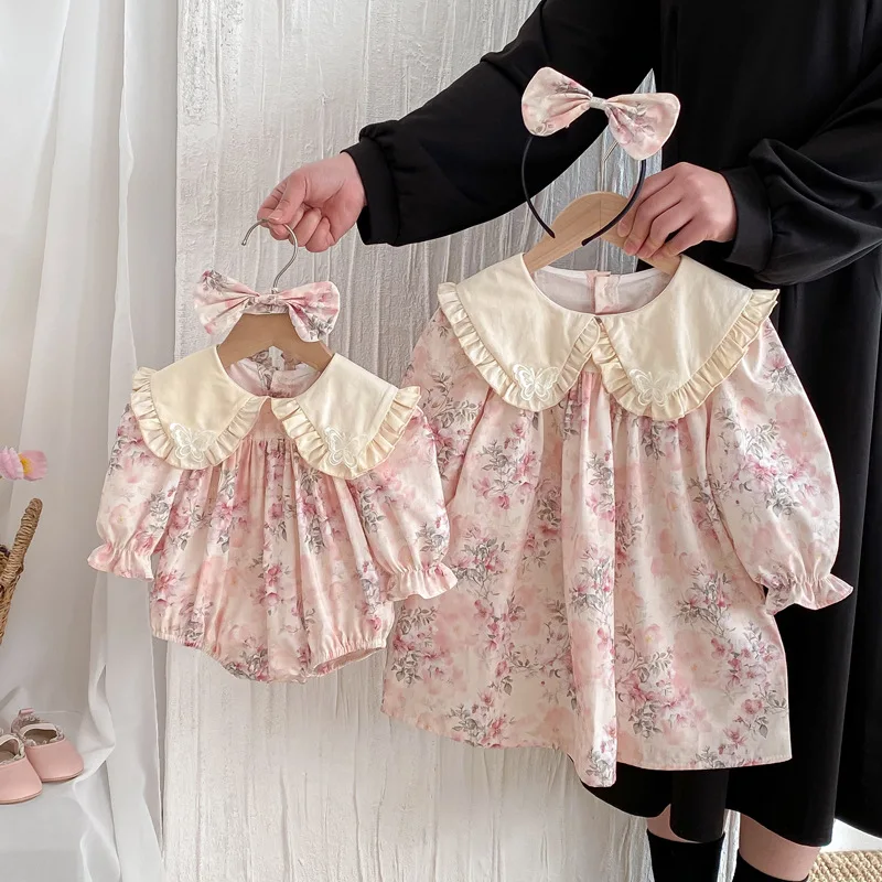 Big Sister Little Sister Matching Cotton Twins Outfit Sisters Clothes Big Collar Girl and Baby Infant Bodysuit Kids Floral Dress