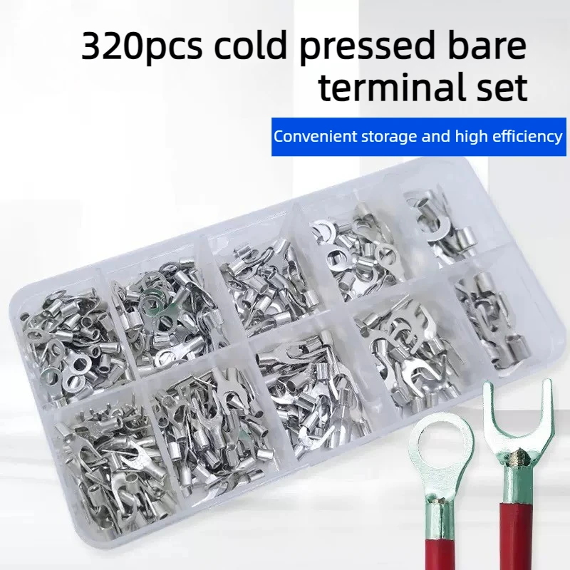 320PCS/Box 10 In 1 Terminals Non-Insulated Ring Fork U-type Brass Terminals Assortment Kit Cable Wire Connector Crimp Spade
