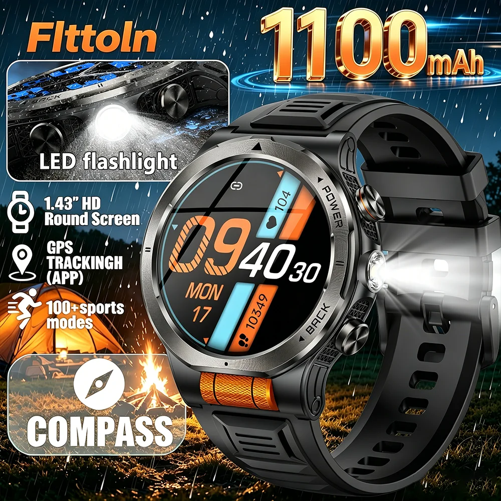 

AMOLED Smart Watch BT Call KT91 Outdoor Sports Compass AI Voice LED Flashlight 1100mAh Large Battery Men Smartwatch