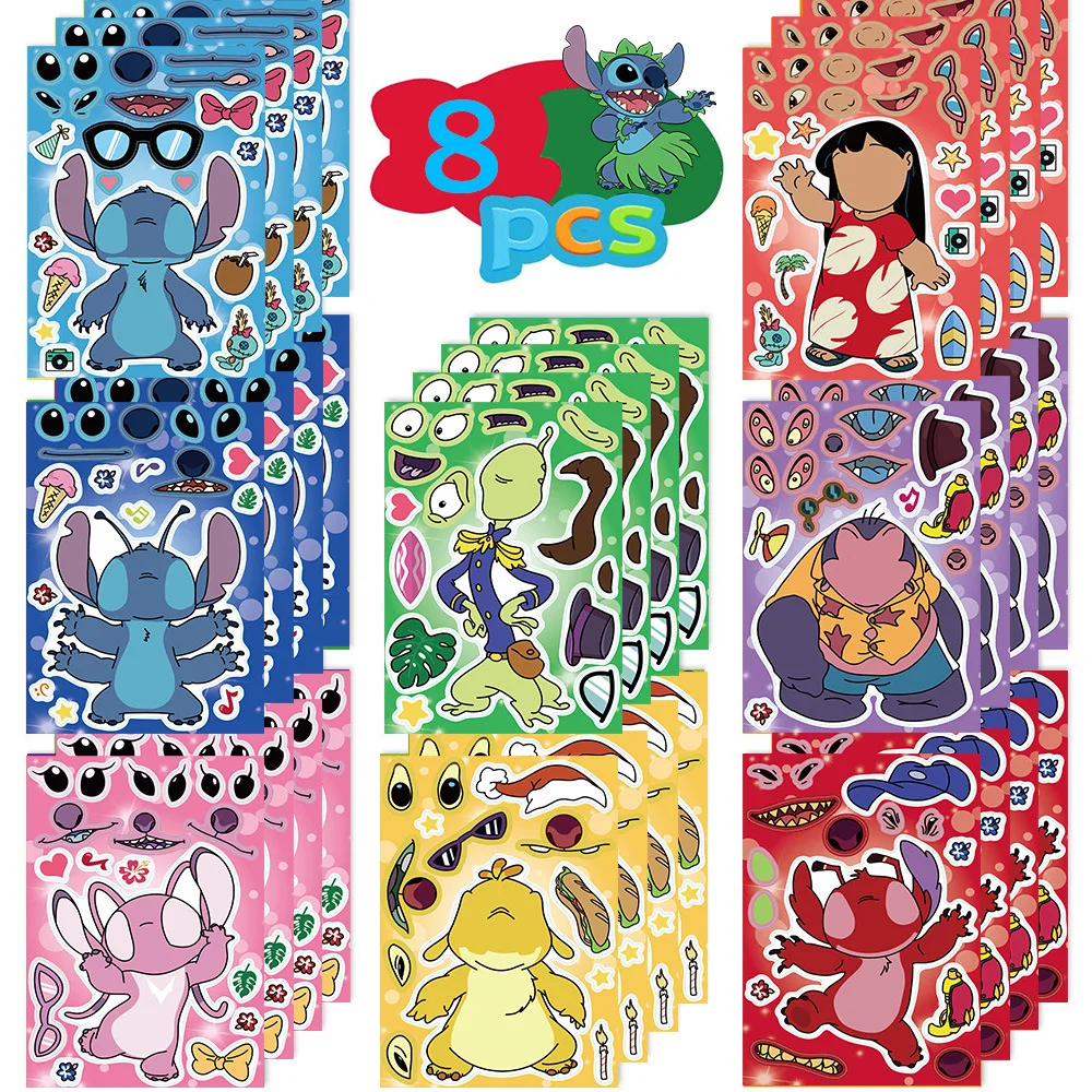 

8Sheets Disney Stitch Cartoon Puzzle Stickers Anime Cute Children Make A Face DIY Toys Funny Assemble Jigsaw Kids Boys Girls