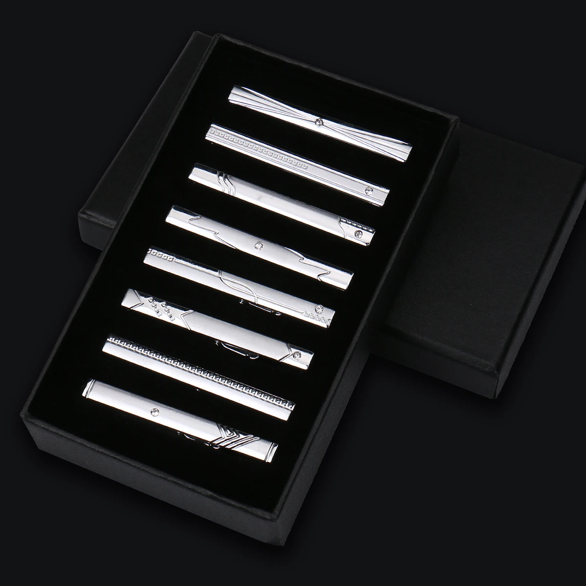 8 stuks dasspeldjes metaal diamant met doos voor mannen bruiloft heren stropdas clips set chroom roestvrij staal sieraden gentleman stropdassen pin