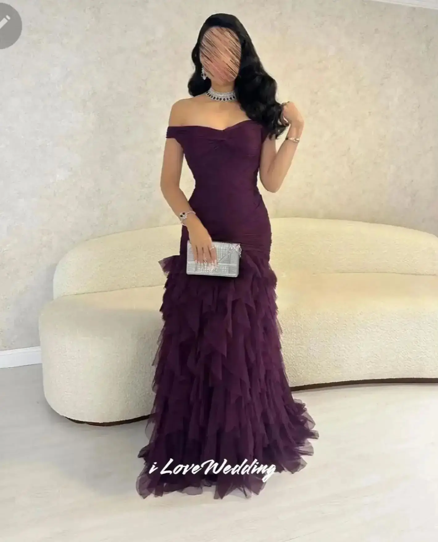 퍼플 오프숄더 이브닝 드레스 2025 튤 크리스탈 티어드 머메이드 우아한 플로어 기장 플리츠 웨딩 파티 드레스 맞춤 제작