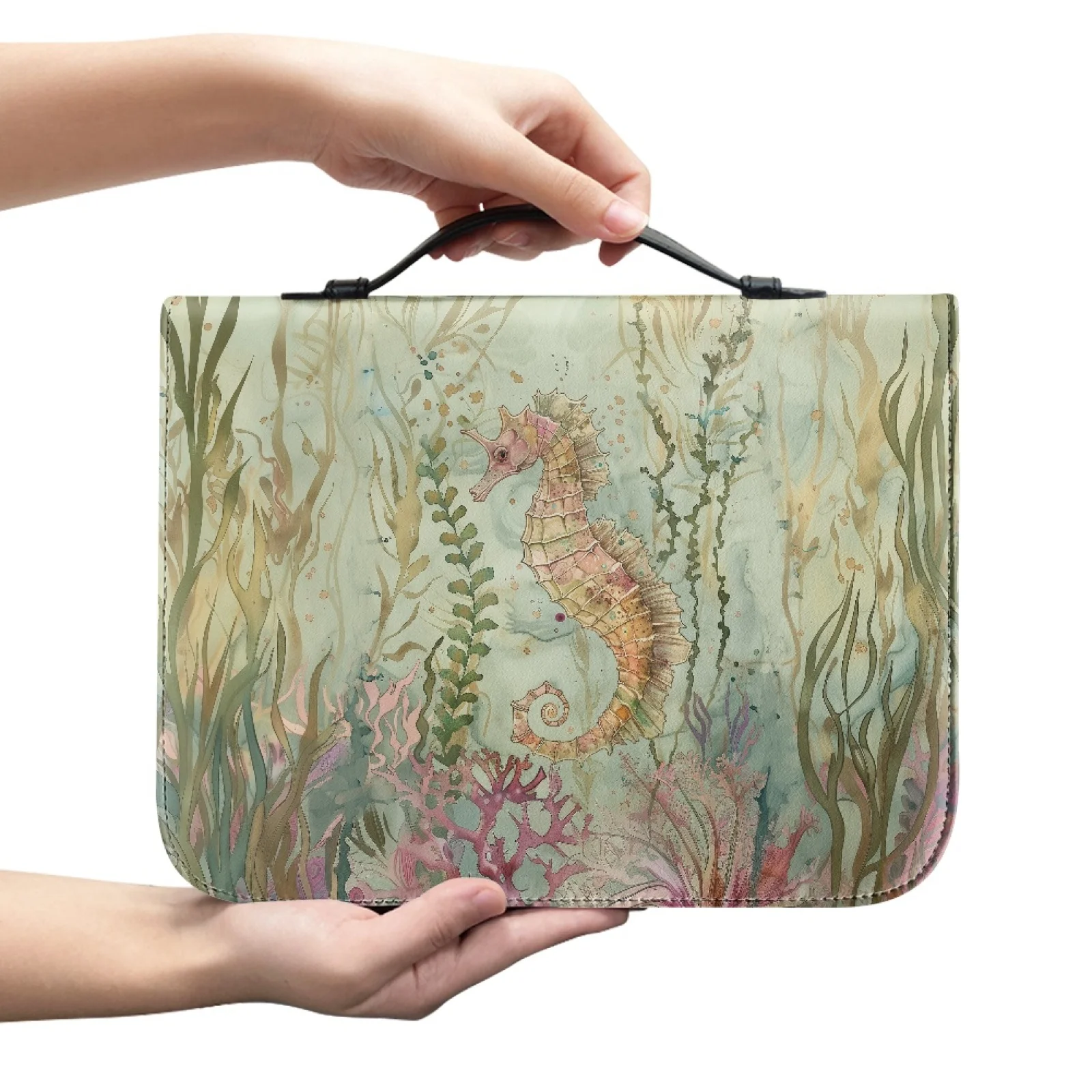 PENSTROLL Pink Seahorse Sea Plants Portable Bible Cover for Church PU Leather Bible Cover Case New Design