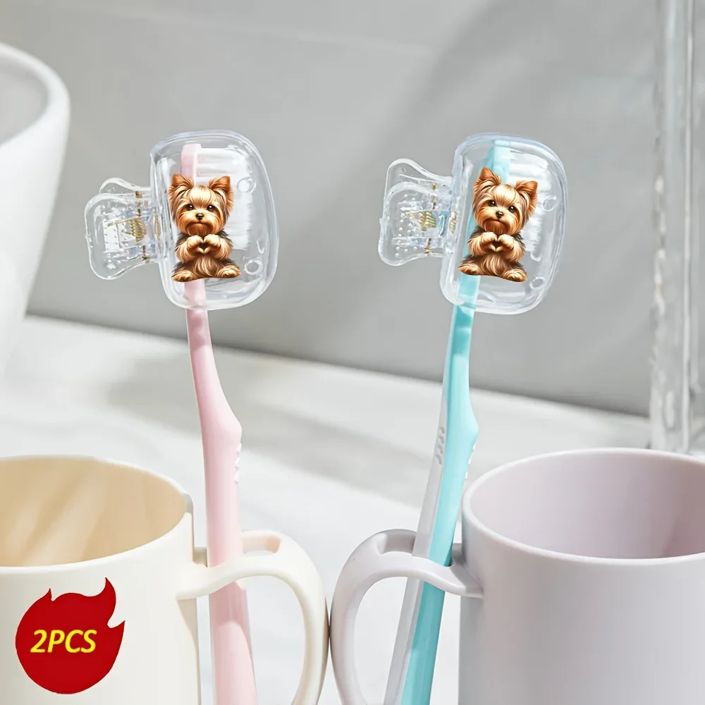 2pcs Yorkshire Terrier Toothbrush Covers with Love Hearts Suitable for Travel Sets of Various Sizes Essentials Dormitory Use