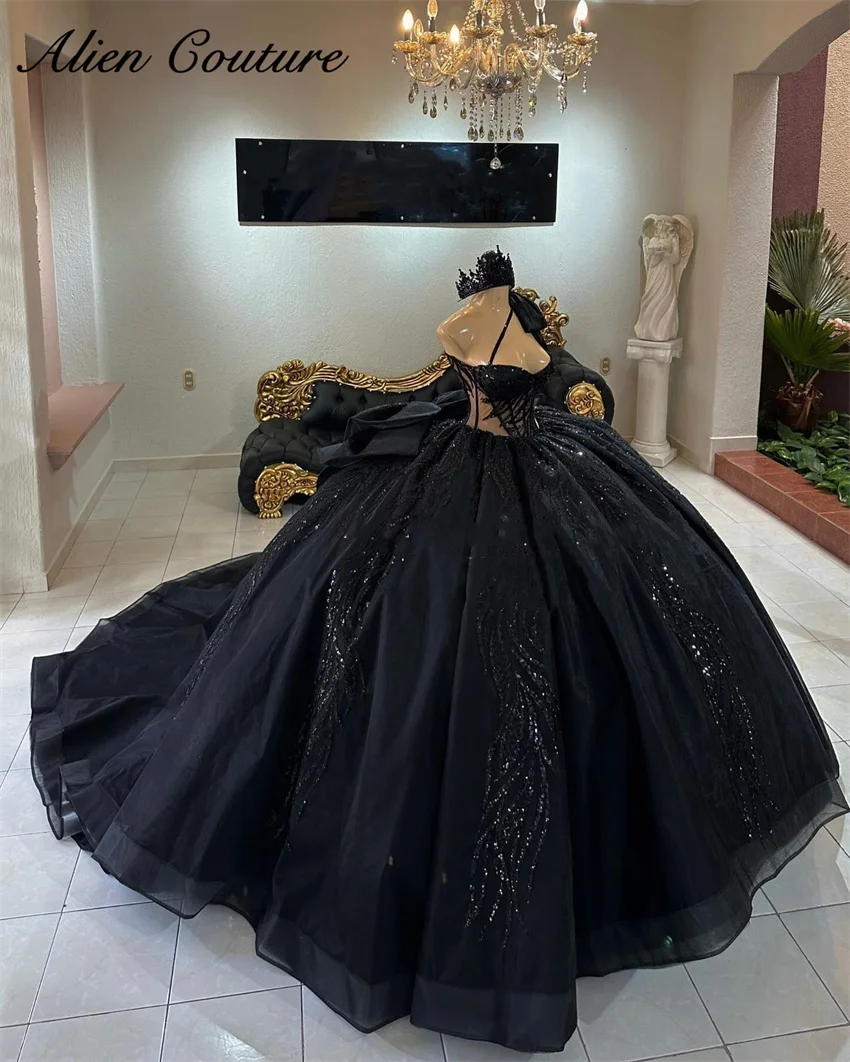 Exquisite Black Princess Ball Gown Quinceañera Dress Beading Sequins Appliques With Bow Birthday Party For 15th Girls Customized