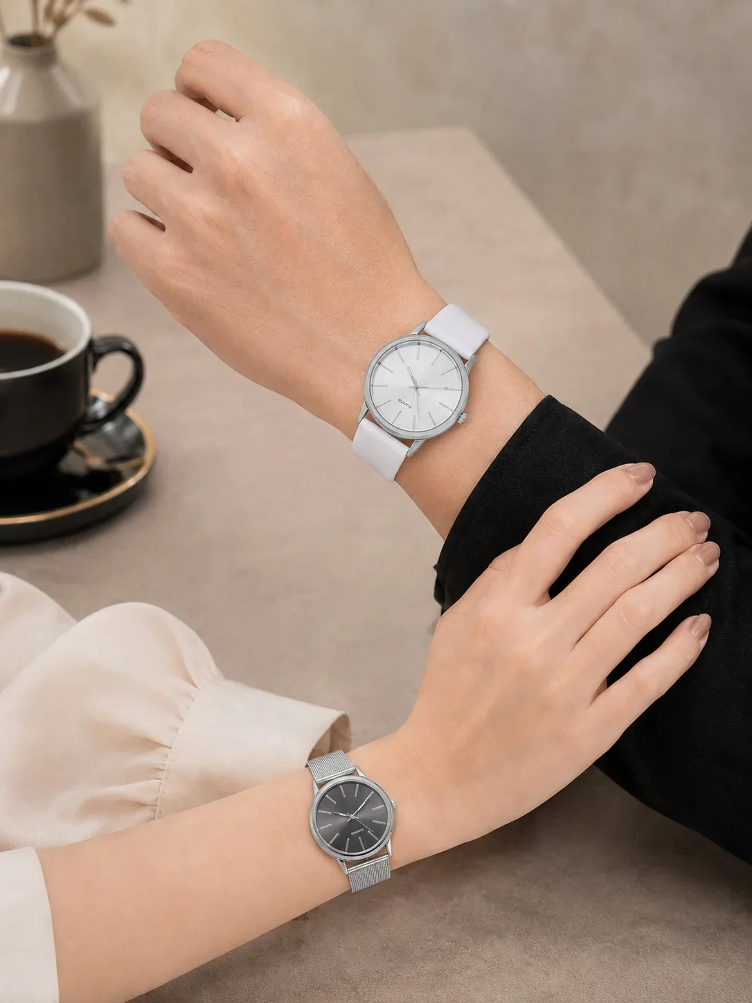 2Pcs Lovers Watch Set Classic Minimal Mesh & Leather Strap Analog Quartz Wristwatch Men Women Fashion Couple Matching Timepieces