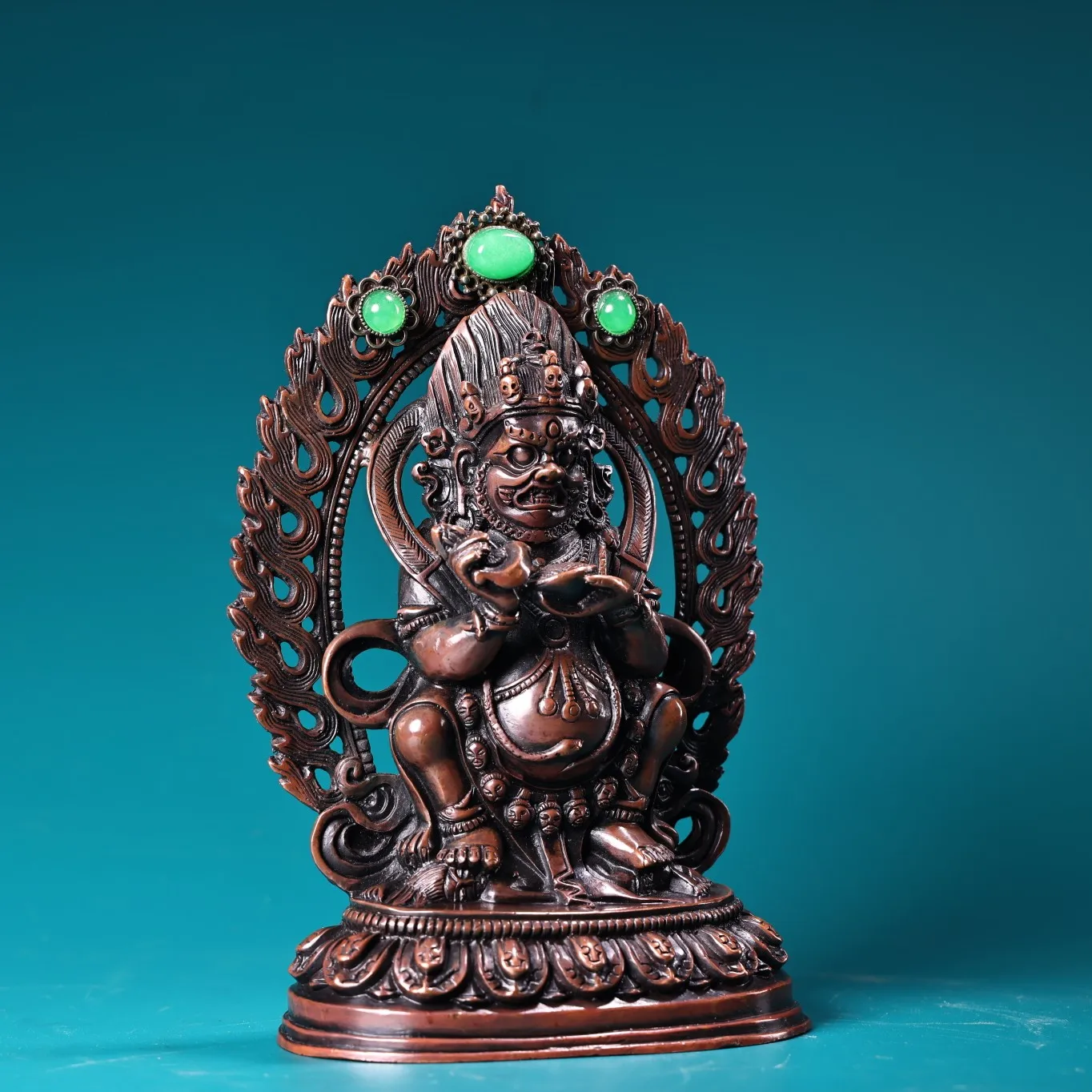 

7"Tibetan Temple Collection Old Bronze Mosaic Gem Turquoise Mahakala Buddha Backlight Lotus Platform Worship Hall Town house