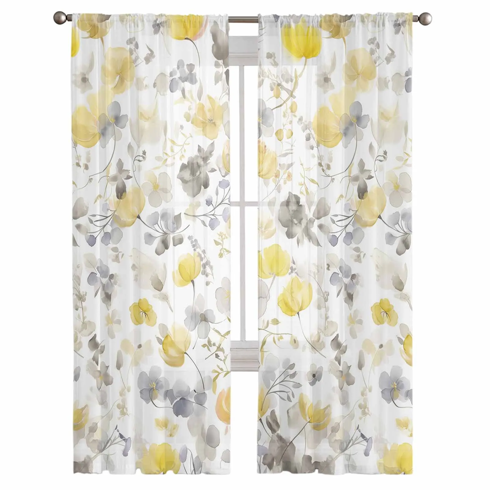 Yellow Flowering Plants Window Treatment Tulle Modern Sheer Curtains for Kitchen Living Room Bedroom Curtains Decor