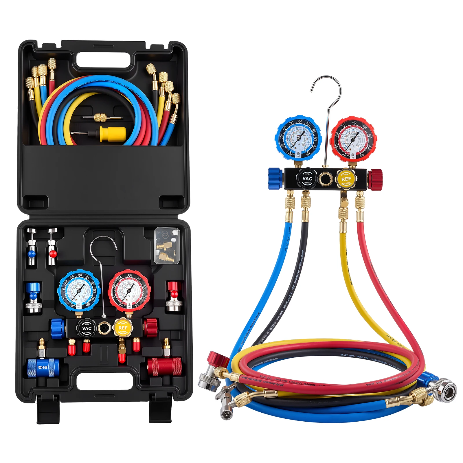 

SucceBuy AC Manifold Gauge Set AC Gauge with Hoses Adapters Quick Couplers Can Taps for Automotive Air Conditioning Maintenance
