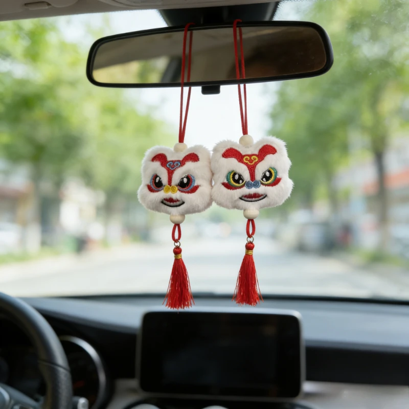 2Pcs Chinese New Year Lucky Plush Lion Pendant Tassel Car Keychain Fortune Hanging Ornament Decor