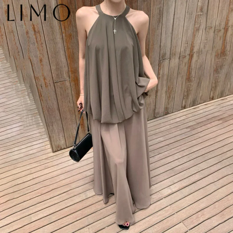 

LIMO Women's Solid Color Casual Halter Off Shoulder Top High Waist Skirt Two Piece Set Elegant Draped High Street SS25